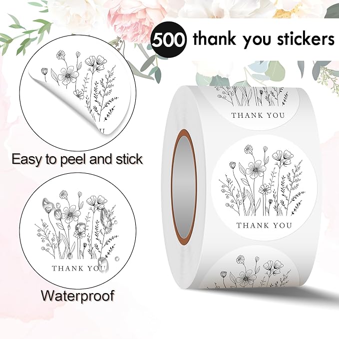 Heyfibro 500 PCS 1.5 Inch Thank You Stickers for Small Business, Baking, Gifts, Envelopes, Weddings(Line Flowers 1)