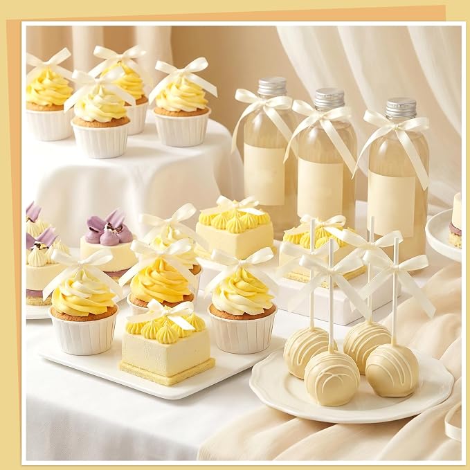 30 Pack Ivory Ribbon Bows for Cake Cream Bow Cake Toppers Bow Birthday Decorations Coquette Bow Cupcake Topper for Bride to Be, Wedding, Bridal, Baby Shower, Bachelorette Party Decorations