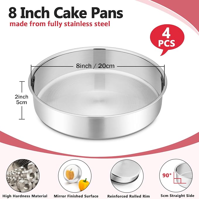 P&P CHEF 8 Inch Cake Pan Set of 4, Stainless Steel Baking Round Cake Pans Tins Bakeware for Birthday Wedding, Leak-proof & Easy Clean, Mirror Finish & Easy Releasing