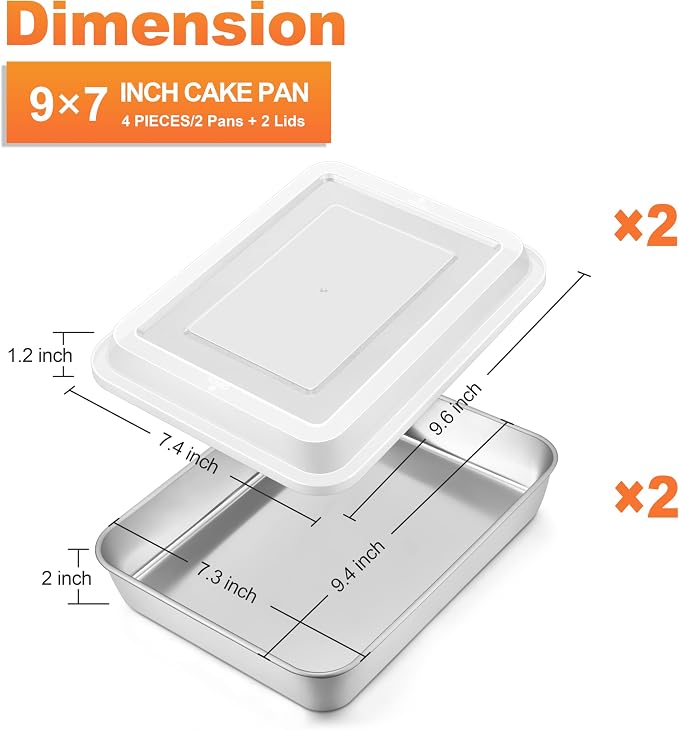 Herogo Baking Pan with Lid (2 Pans + 2 Lids), 7 x 9 Inch Stainless Steel Nonstick Deep Bakeware, Rectangle Cakes Bakeware for Brownies Casseroles, Non Toxic & Dishwasher Safe