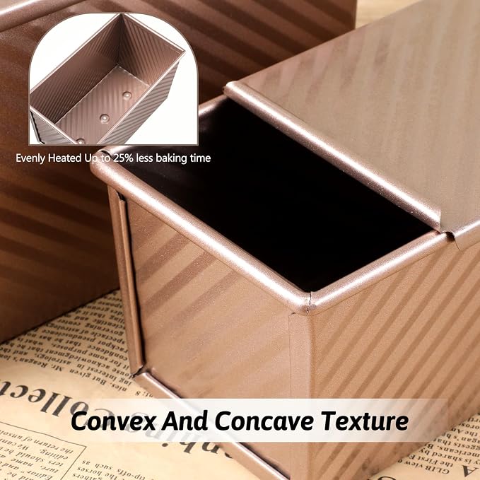2 Pack Pullman Loaf Pan with Lid, Non-Stick Bread Pan for Sourdough | 2.2 lb & 1 lb Carbon Steel Corrugated Square Toast Tin, Carbon Steel Toast Box with Cover for Homemade Bread, Rose Gold
