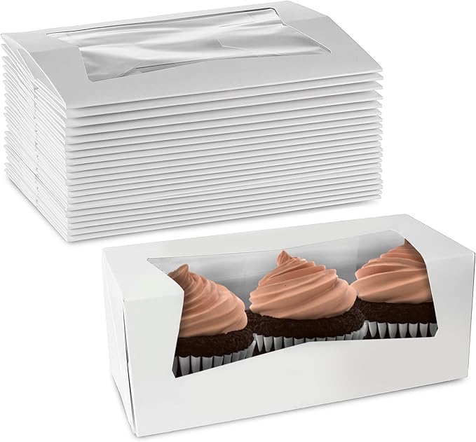 MT Products 9" x 4" x 3.5" White Auto-Popup Bakery Boxes with Window - 25 Pack - Long Pastry Container for Cupcakes, Strawberries, Donuts & Swiss Rolls - Made in the USA