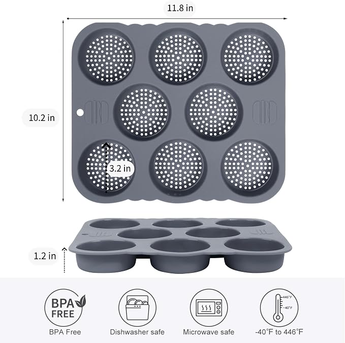 Hamburger Bun Pan, Non-Stick Food Grade Silicone Bread Loaf Pan, 8 Cavity Perforated Hamburger Bun Mold Bread pans for Homemade Bread Buns