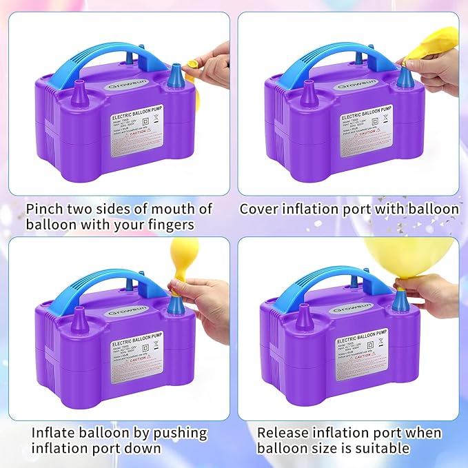 Growsun Electric Balloon Pump Air Inflator Portable Automatic Dual Nozzle Balloon Blower 110V 600W for Birthday Baby Shower Balloons Party Decorations