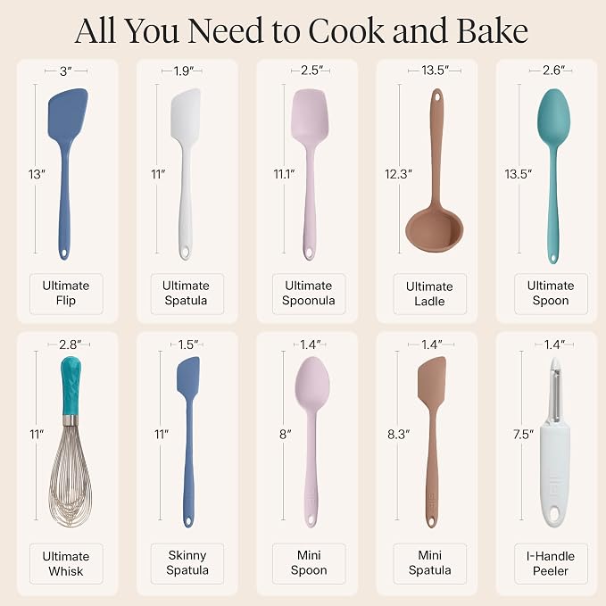 GIR: Get It Right 10-Piece Silicone Ultimate Kitchen Utensil Set – Spatulas, Ladle, Flip, Spoons, Whisk, Peeler & Spoonula – Nonstick, Non-Toxic, Heat-Resistant – Danish