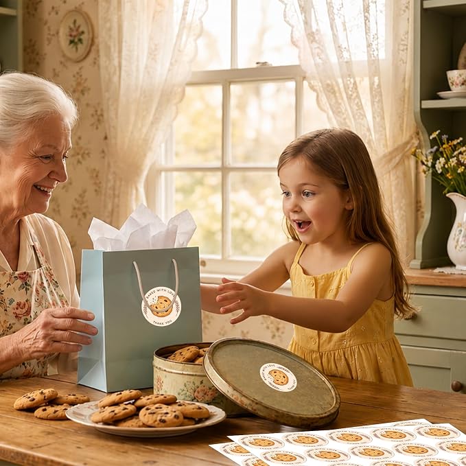 Louise Maelys 120 Pcs Baked with Love Stickers- 1.5 Inch Round Thank You Sticker with Cookie Pattern Labels for Bakery Packaging, Homemade Treats, Gift, Small Business Packaging or Party Favors