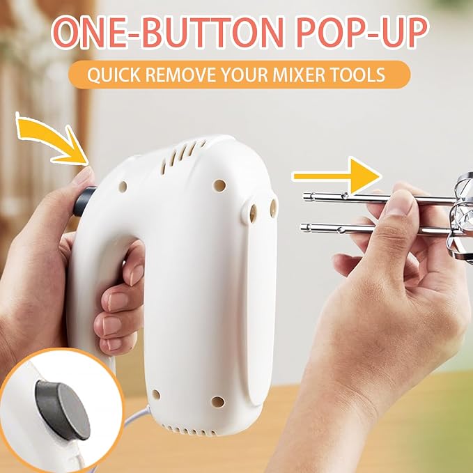 300W Hand Mixer Electric Handheld, 5 Speed Lightweight Kitchen Blender, Turbo Boost/Self-Control Speed Hand Held Beater Mixer with 4 Stainless Steel Whisks for Baking Cakes Eggs Cream, White