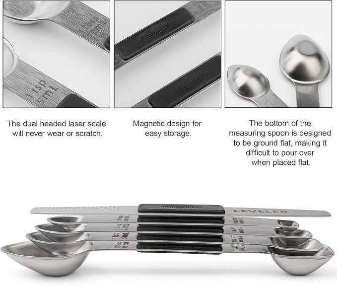 Magnetic Measuring Spoons Set Stainless Steel Double Sided Measuring Spoons with 1 Leveler Measuring Teaspoon Tablespoon for Dry and Liquid Ingredients (5, Black)