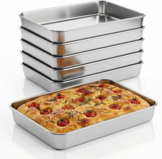Leonyo 9.3 x 7 Inch Bakeware Cake Pan Set of 6, 2 Inch Deep Lasagna Pan, Rectangle Stainless Steel Baking Tray Sheets for Baking Commercial Kitchen, Focaccia Bread, Casserole Dish