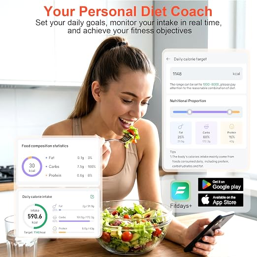 Smart Kitchen Food Scale with Nutritional Calculator, Calorie Fat Carbs Protein Tracker, Free App, Barcode Scan, Food Preload, 23 Nutrients, On-Screen Display, Personal Goals, 11 lb / 5 kg