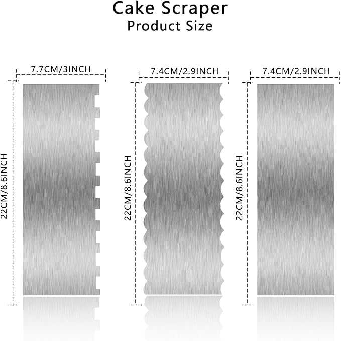 3 Piece 9 Inch Stainless Steel Cake Scraper, Cream Cake Scraper Sided Patterned Edge Stripe Edge Smoother Scraper Cake Smoother Frosting Scraper Cake Decorating Comb for Mousse Butter Cream