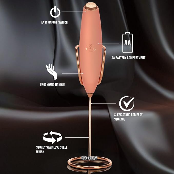 Zulay Kitchen Powerful Milk Frother Wand With Duracell Batteries - Ultra Fast Handheld Drink Mixer - Electric Whisk Foam Maker for Coffee, Lattes, Cappuccino & Matcha - Z1 Motor - Exec Peach Copper