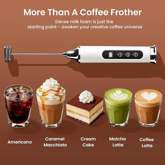 YUSWKO Milk Frother Wand for Coffee, Coffee Frother Handheld Drink Mixer | Rechargeable Mixer Wand, Waterproof Electric Whisk for Protein Powder, Lattes, Cappuccino, 3 Variable Speeds 3 Whisks, White