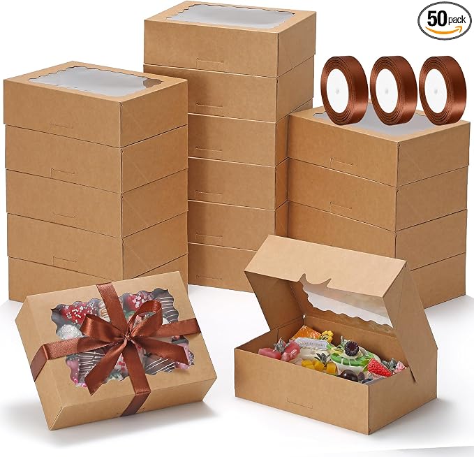 COTOPHER Auto Pop Up Cookie Box with Window 8x6x2.5 Inches – 50 Pack Brown Bakery Boxes with Ribbon for Birthday Party Favors, Wedding, Christmas Gift Packaging for Cookies, Candy, Macarons