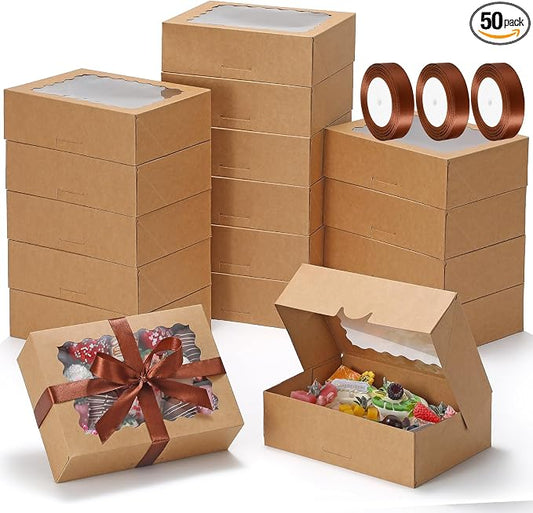 COTOPHER Auto Pop Up Cookie Box with Window 8x6x2.5 Inches – 50 Pack Brown Bakery Boxes with Ribbon for Birthday Party Favors, Wedding, Christmas Gift Packaging for Cookies, Candy, Macarons