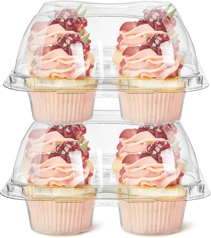 Bekith 60 Count 4-Compartment Plastic Cupcake Containers - Disposable Cupcake Trays Holder Carrier Box with Lids for Cupcakes & Muffins - Hinged Lock Cupcake Clamshell - Deep Cups for Cupcake Storage