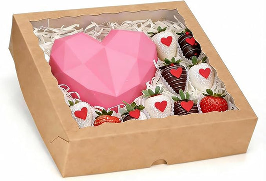 TEMLQPACK 12pcs 10x10x2.5 Inches Brown Bakery Boxes with Window, Pie, Cookies, Chocolate Covered Strawberries, Breakable Heart, Charcuterie Boxes for Christmas