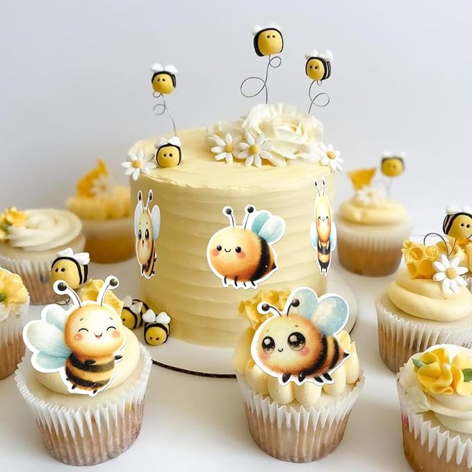 60 PCS Edible Bumble Bee Cupcake Toppers Waper Paper Honey Bee Party Cake Decorations Edible Oh Babee Cupcake Picks for Bee Theme Baby Shower Kids Boys Girls Birthday Party Food Decorations Supplies