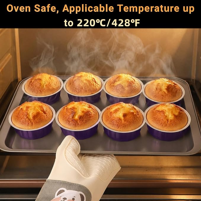 Beasea Disposable Ramekins 8oz, 100 Pack Aluminum Foil Baking Cups with Lids, Creme Brulee Muffin Cupcake Mini Pudding Disposable Baking Cups Tins for Party Wedding Birthday - Violet Purple