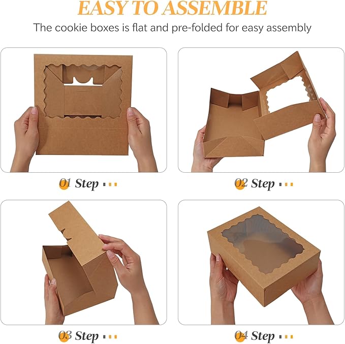 COTOPHER Auto Pop Up Cookie Box with Window 9x6x2.5 Inches – 50 Pack Brown Bakery Boxes with Ribbon for Birthday Party Favors, Wedding, Christmas Gift Packaging for Cookies, Candy, Macarons