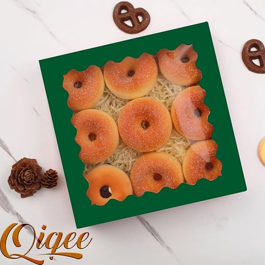 qiqee Green Pastry Box With Window 8x8x2.5 inch Donut Pie Boxes 30pcs Bakery Box Auto-pop up