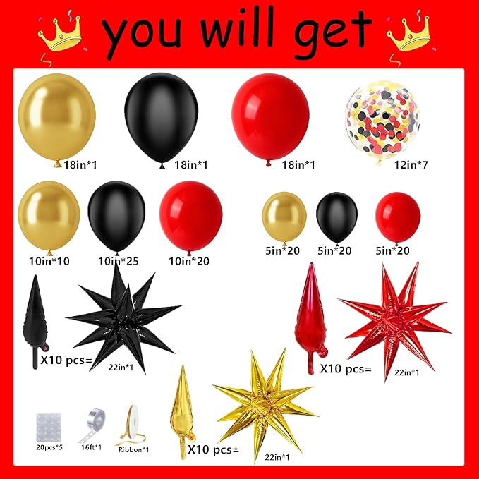 Bonropin Red Black Gold Balloon Garland Arch Kit 158pcs with Red Black Gold Confetti Balloons, Star Foil Balloons, for Graduation New Year Anniversary Birthday Party Decorations
