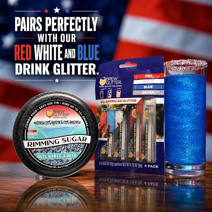 Brew Glitter Red, White & Blue Rimming Sugar (4oz, 1x Bar Tin) for Drinks, Cocktails, Beer, Garnish & Beverages for 4th of July, Indpendence Day, Memorial Day, Veterans Day, and America