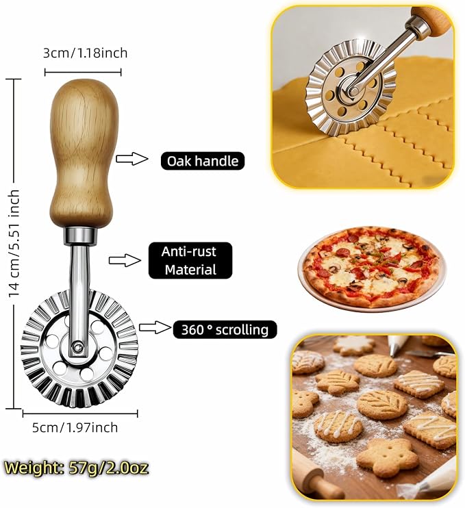Pastry Wheel Cutter, 2 Inch Ravioli Cutter with Fluted Edge, Stainless Steel & Wood Handle for Pie Crust, Pasta, Dough, Empanadas - Professional Baking Tools, Easy Clean & Comfort Grip