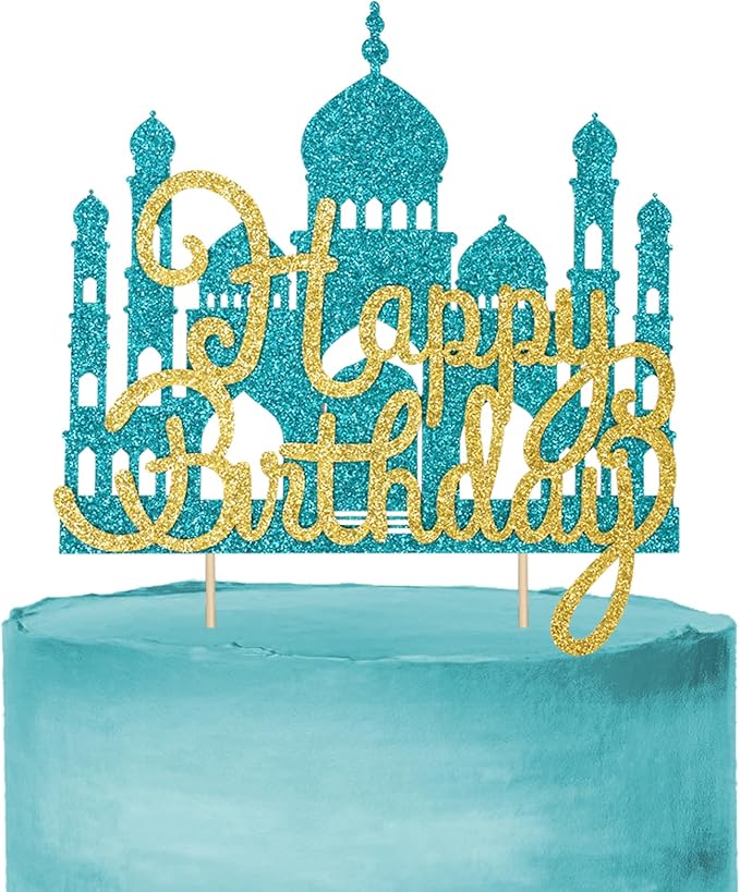 2Pcs Lake Blue Princess Cake Toppers Glitter Happy Birthday Cake Picks Castle Decorations for Girls Princess Birthday New Year Party Supplies