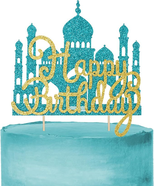 2Pcs Lake Blue Princess Cake Toppers Glitter Happy Birthday Cake Picks Castle Decorations for Girls Princess Birthday New Year Party Supplies