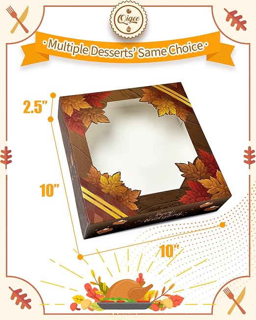 qiqee Thanksgiving Pie Boxes with Window 10x10x2.5 Inch 12Packs Cookie Donut Bakery Box
