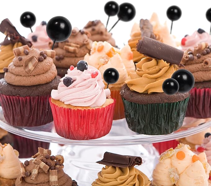 30 PCS Balls Cake Topper DIY Cake Insert Toppers Ball Cake Picks Cupcake Topper for Birthday Party Baby Shower Wedding Cake Decoration（Black）