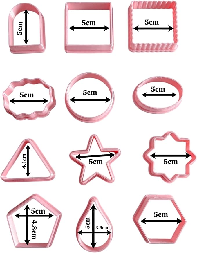 Set of 12 clay cookie cutters with geometric shapes, including a star, square, triangle, oval, circle, window, and more, for cutting fruits, dough, fondant, and pastries for all types of craft uses.
