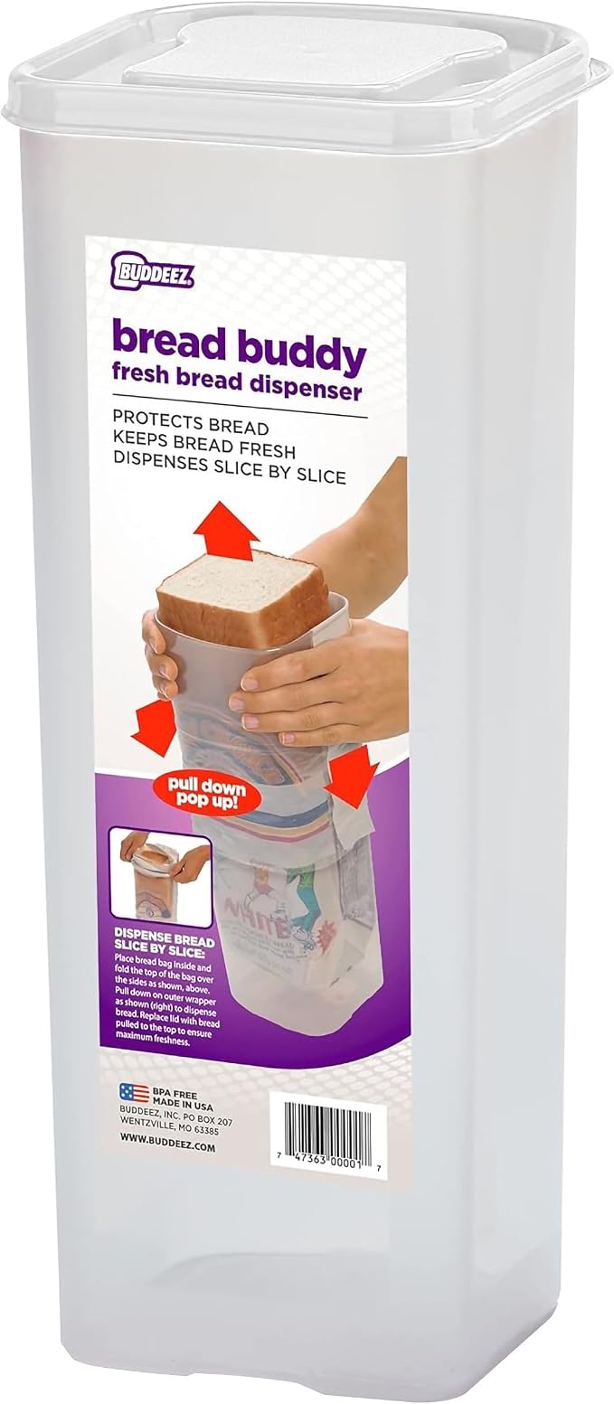 Buddeez Bread Buddy Bread Box - Keep Your Loaf Fresh - Storage Container Holds 1.5 lb. Sandwich Size Loaf - White Lid, Pack of 1