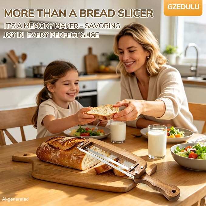 Adjustable Bread Slicer, Wooden Bread Knife for Homemade Sourdough, Ambidextrous Sharp Serrated Stainless Steel Blade, Thickness Guide for Baguettes, Bagels & Sourdough, Ideal Gift for Bakers
