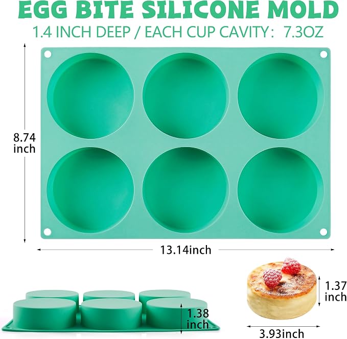 4Inch Round Silicone Mold for Baking, 2Pcs Large Silicone Muffin Top Pan Non-Stick, 6-Cavity Baking Mold for Breakfast Sandwiches Hamburger Egg Whoopie Pie (1.4Inch Deep)
