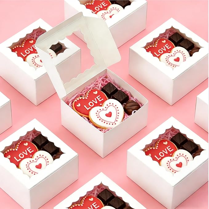 XINHPKGG 100pcs Cookie Boxes 4x4x2.5 Inch Bakery Boxes with Window Treat Box Dessert Box for Wedding Favors Party - White