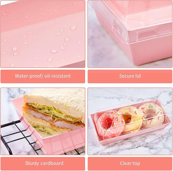 Ocmoiy Rectangle Charcuterie Boxes with Clear Lids, 100 Pack Pink Bakery Boxes, Cookie Boxes, Small Treat Boxes for Pastry, Sandwich, Cupcakes, Strawberries, Dessert To Go