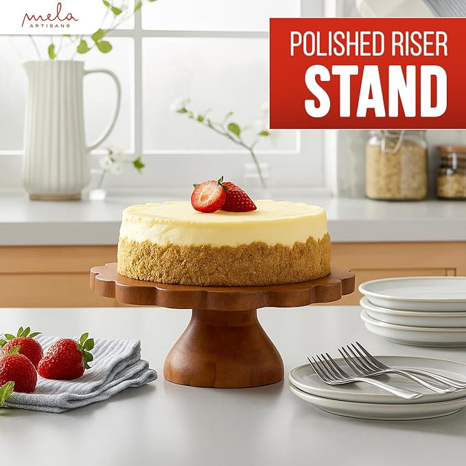 Mela Artisans 12" Mango Wood Cake Stand 5" Tall with Wooden Pedestal – Medium Polish Riser Designed for Birthday Cake and Cookie Display, Cupcake Stand & Decorative Trays
