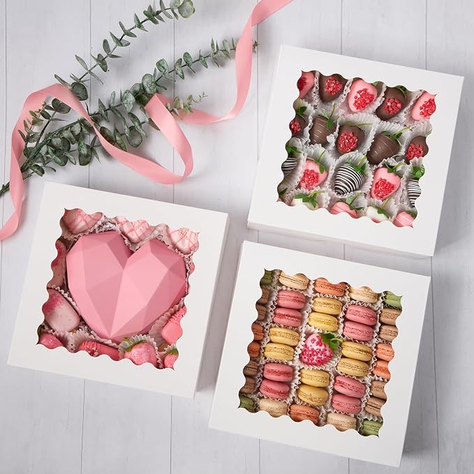 Ocmoiy 20 Pack Pie Boxes, 10 x 10 x 2.5 Inches Bakery Boxes with Window, Auto-Popup Cookie Treat Boxes for Chocolate Strawberries, Pastries, Muffins, Donuts, Breakable Heart