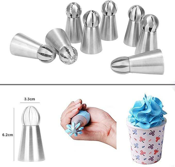 Russian Piping Tips 8 Pcs/Set, Messar Stainless Steel Russian Piping Ball Tips Frosting Icing Piping Nozzles Set Flower Cake Decorating Tips Kit for DIY Baking Cake Decorating Supplies (8 Pcs)