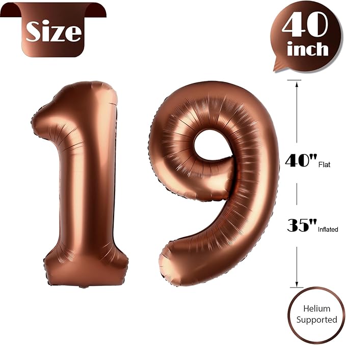 Dark Brown Number 19 Balloon 40 inch, Coffee Brown 19 Number Balloons, 19th Birthday Decorations, Chocolate 19 Year Old Girls Boys Party Supplies