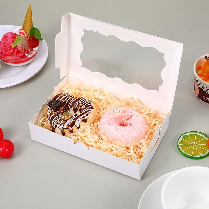 100 Pack White Bakery Boxes with Window 7x4.33x1.5 Inch Paper Treat Boxes for Cookies Macarons Chocolate Truffles Brownies Donuts Christmas Valentine Easter Party Favors