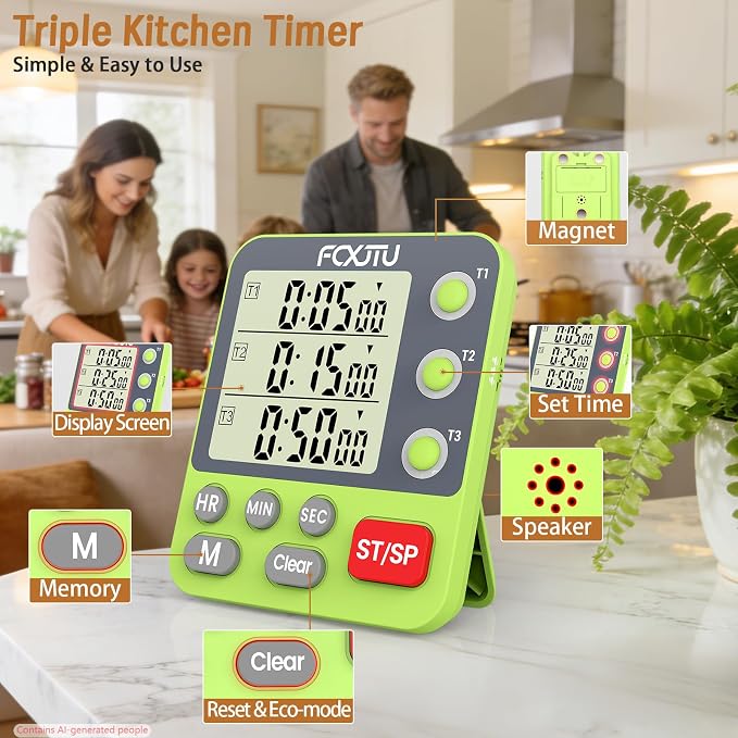 Digital Dual Triple Kitchen Timer, 3-Channel Magnetic Countdown Timer for Cooking, Large Display Stopwatch Multi Food Classroom Timer Loud Alarm for Seniors Teachers Battery Included (Green)