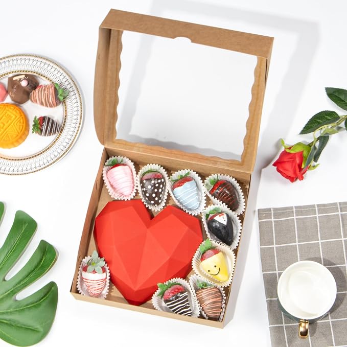 TEMLQPACK 50pcs 9x9x2.5 Inch Brown Bakery Boxes with Window, Pie, Cookies, Chocolate Covered Strawberries, Breakable Heart, Charcuterie Boxes for Christmas