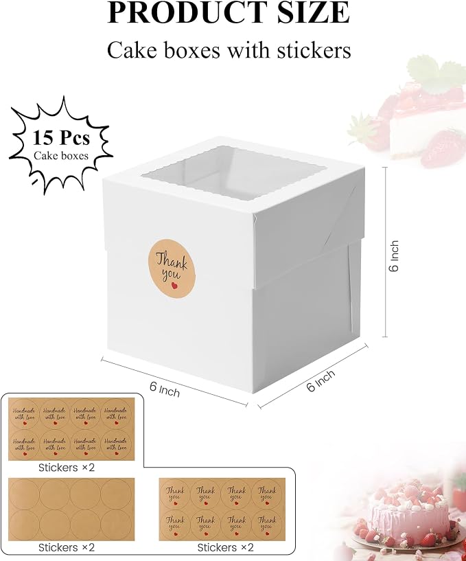 COTOPHER 15Pcs 6x6x6 Inches Mini Cake Boxes, Square Bakery Boxes with Window, Cake Containers for Pastries, Cookies, Chocolates, Cupcakes, Birthday Party Cake Decorating Supplies for Gift Giving