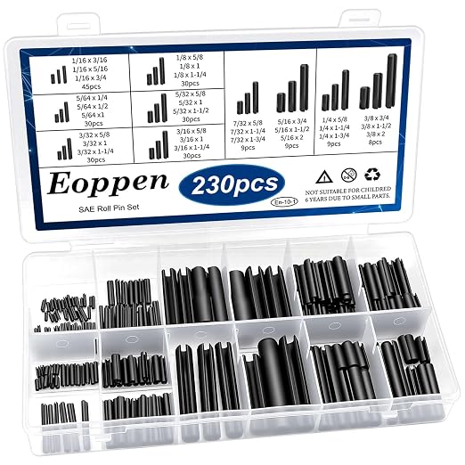 230Pcs SAE Roll Pin Assortment Set - Slotted Spring Pins Steel Split Expansion Pin 10 Sizes 1/16 5/64 3/32 1/8 5/32 3/16 7/32 1/4 5/16 3/8 Inch for Home Improvement Automotive Repair