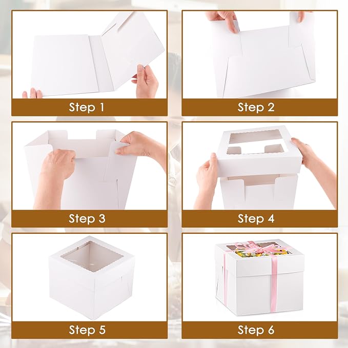 10 Pcs Cake Boxes, 10x10x8 Inches Tall Box with Lids Boards, White Bakery Boxes with Window, Square Box Boards with Lids for Cake, Donuts, Cookies, Wedding, Birthday, Party