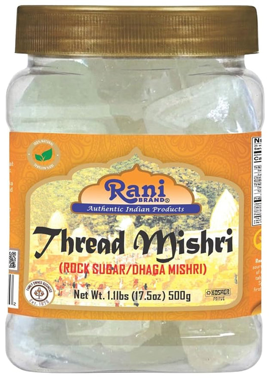 Rani Thread Misri (Rock Sugar/Dhaga Mishri) 17.5oz (1.1lbs) 500g PET Jar ~ All Natural | Gluten Friendly | No Colors | Vegan | Kosher | Indian Origin