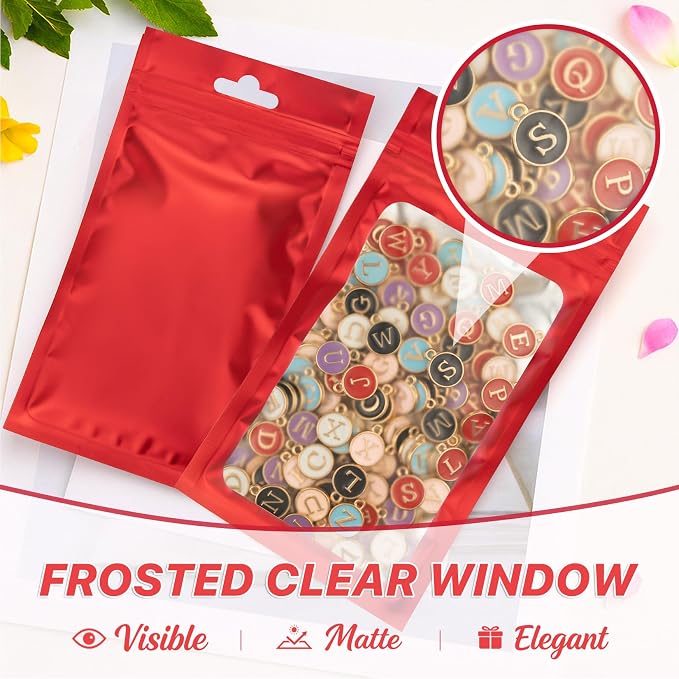 100 PCS Resealable Mylar Bags with Zipper and Frosted Clear Window Smell Proof Bags Packaging Bag Foil Pouch Zipper for Food Self Sealing Storage Supplies Xmas Treat(Red, 3.54x6.29 inch)